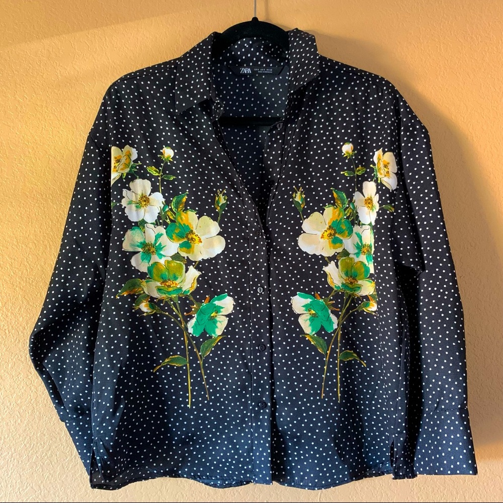 Zara Women’s Floral Polkadot Button Up Blouse - Size Small